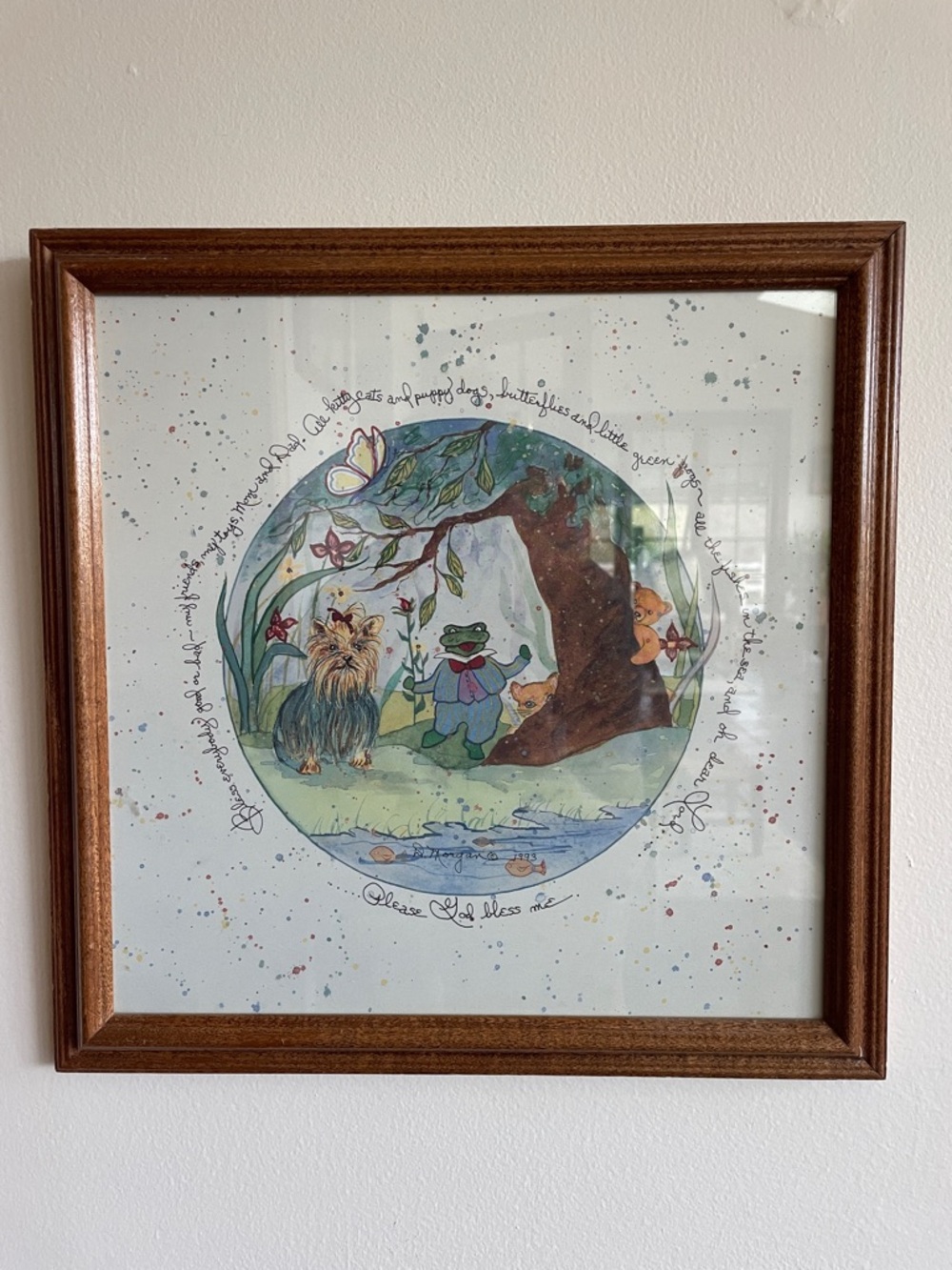 DONNA MORGAN Vintage Titled Please God Bless Me Woodland Friends Framed Print